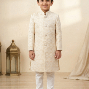 Collections light peach embossed sherwani