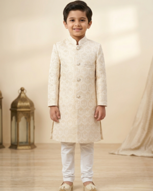 New Arrivals light peach embossed sherwani