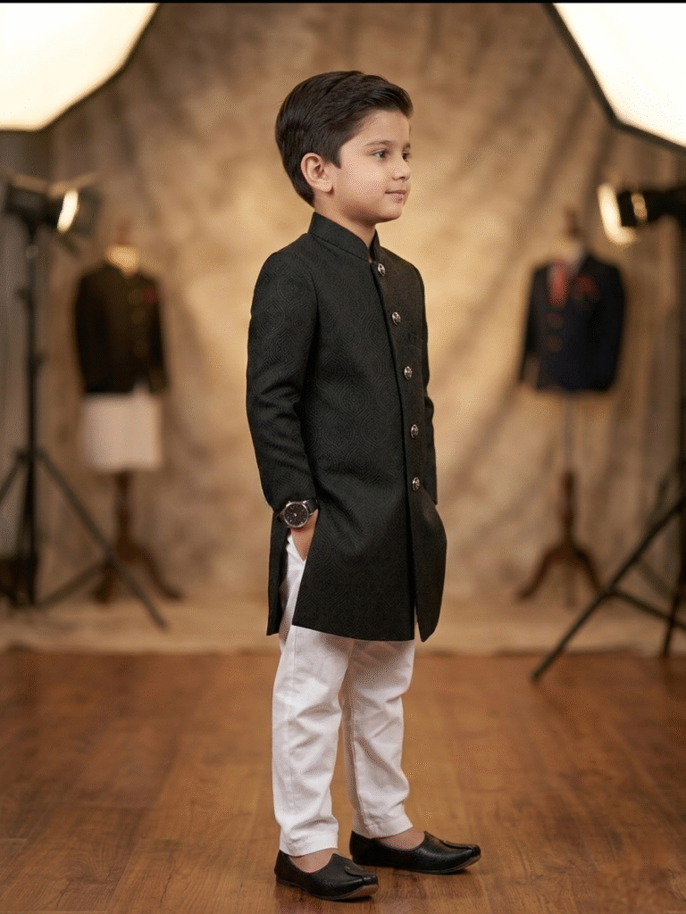 black embossed sherwani