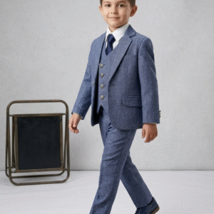 denim blue three piece suit