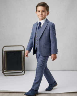 denim blue three piece suit