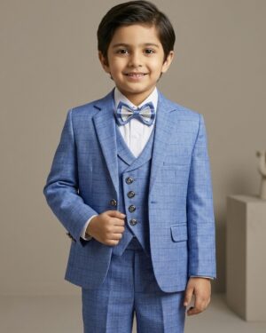 light blue check three piece suit