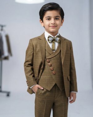 beige brown check three piece suit