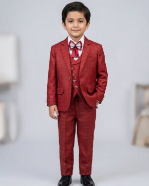wine red check three piece suit