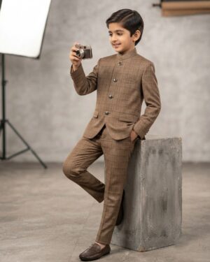 camel brown classic check prince coat suit