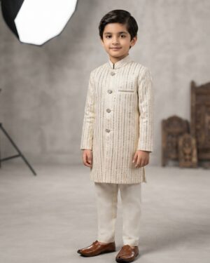 light peach sherwani silver zari style